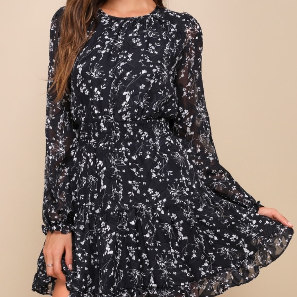 Lulus Too Cute Navy Blue Floral Print Smocked Long Sleeve Mini Dress - Size S